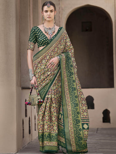 Ravishing Green Patola Printed Silk Mehendi Wear Saree With Blouse